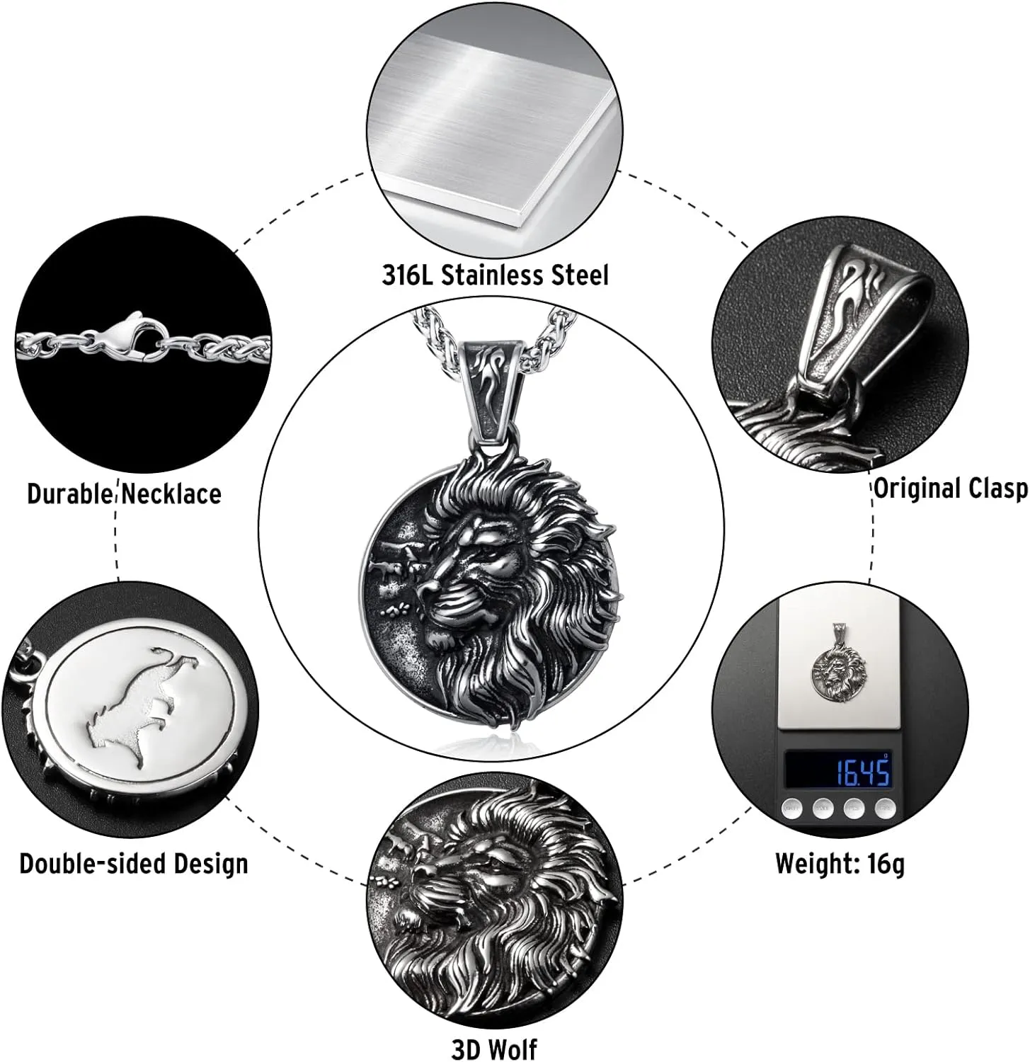 Wolf/Lion/Snake/Eagle/Bull/Crow Necklace for Men Gothic Punk Biker Animal Pendant Necklace Jewelry for Men Boys 60cm