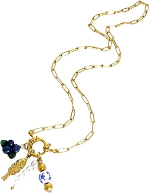 Women Trendy Necklace with Grape or Blueberry Shell Pendant and Imitation Pearls Stainless Steel Texture Elegant Jewelry