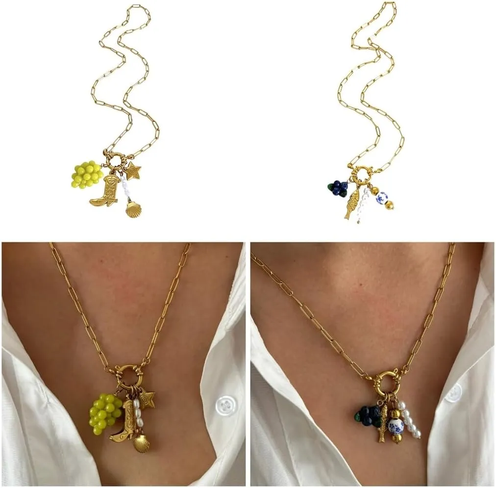 Women Trendy Necklace with Grape or Blueberry Shell Pendant and Imitation Pearls Stainless Steel Texture Elegant Jewelry