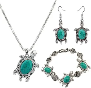 Women Vintage Ethnic Turtle Turquoise Elegant Boho Pendant Necklace Earring Bracelet Jewelry Sets,Green Lovely and attractive
