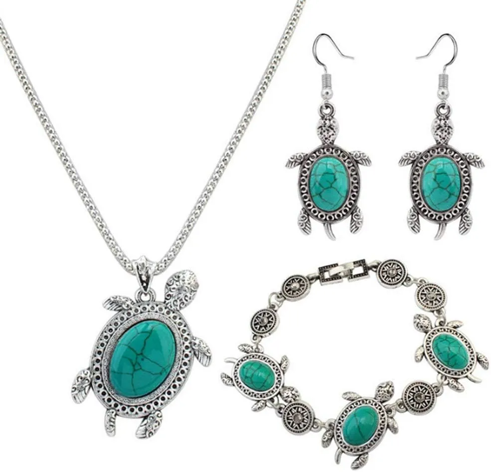 Women Vintage Ethnic Turtle Turquoise Elegant Boho Pendant Necklace Earring Bracelet Jewelry Sets,Green Lovely and attractive