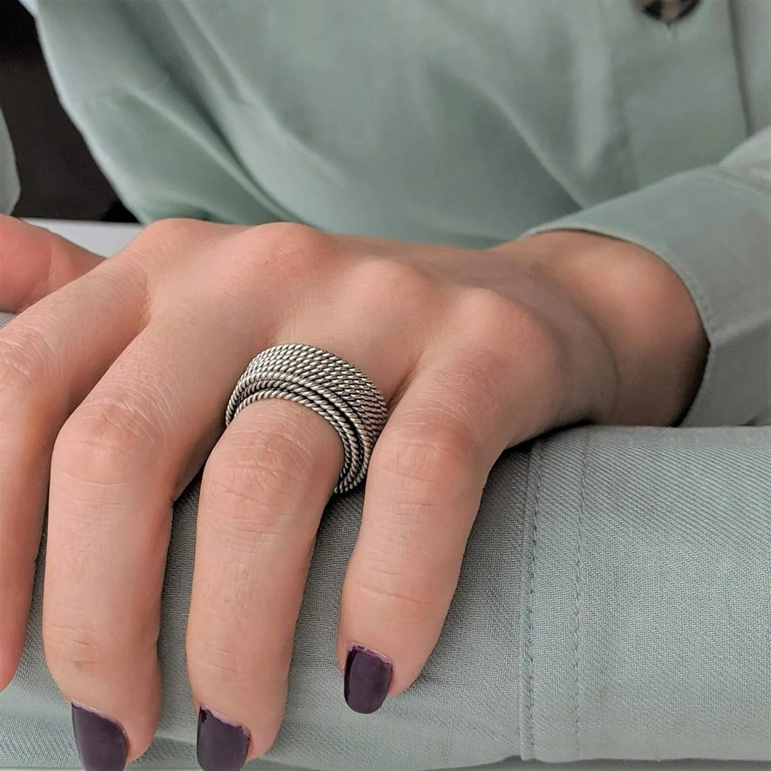 Women's 999 Fine Silver Karen Hill Tribe Wide Tribal Multi-Band Twist Rope Ring