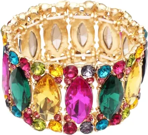 Womens Elegant Wedding Bridal Crystal Double Row Marquise-Shape Leaf Stretch Bangle Bracelet Bride Jewelry for Women