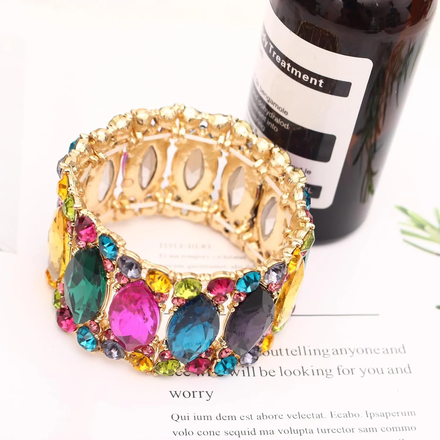Womens Elegant Wedding Bridal Crystal Double Row Marquise-Shape Leaf Stretch Bangle Bracelet Bride Jewelry for Women