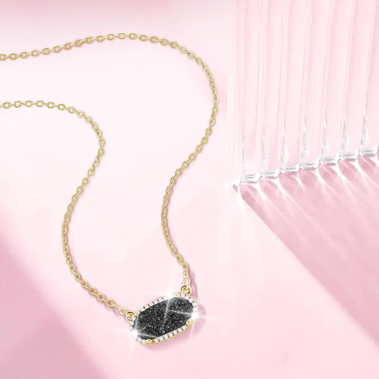 Women's Gold Necklace With Natural Druzy Pendant And Adjustable 14K Gold-Plated Chain Elegant Jewelry for Women