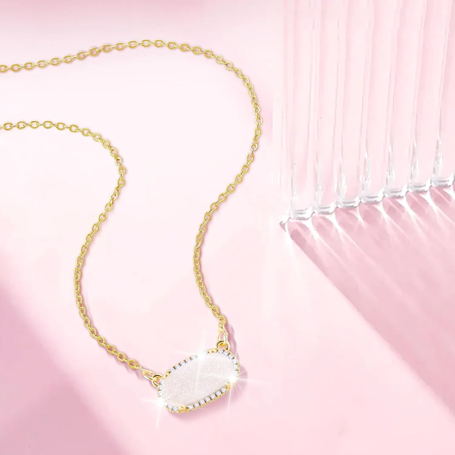 Women's Gold Necklace With Natural Druzy Pendant And Adjustable 14K Gold-Plated Chain Elegant Jewelry for Women