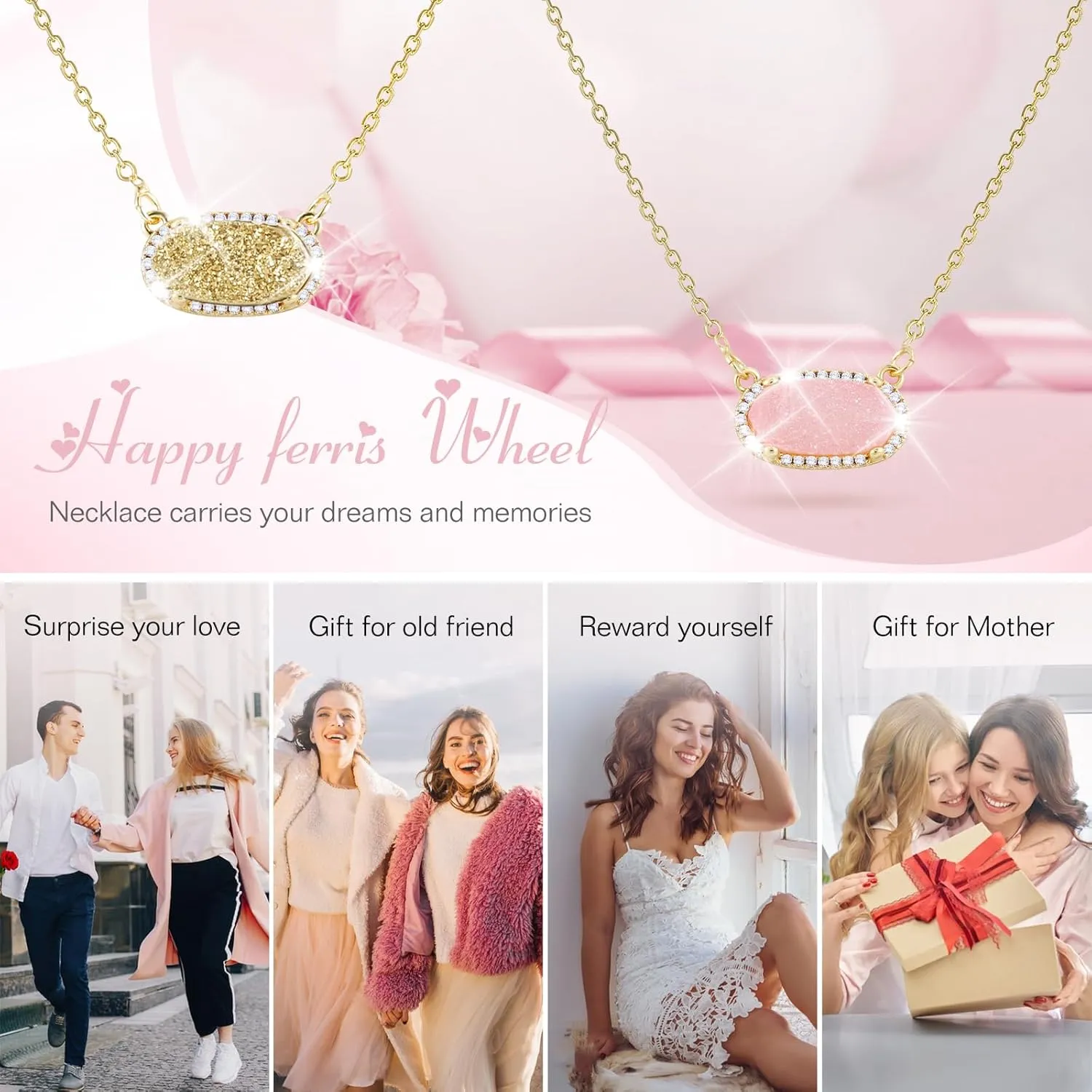 Women's Gold Necklace With Natural Druzy Pendant And Adjustable 14K Gold-Plated Chain Elegant Jewelry for Women
