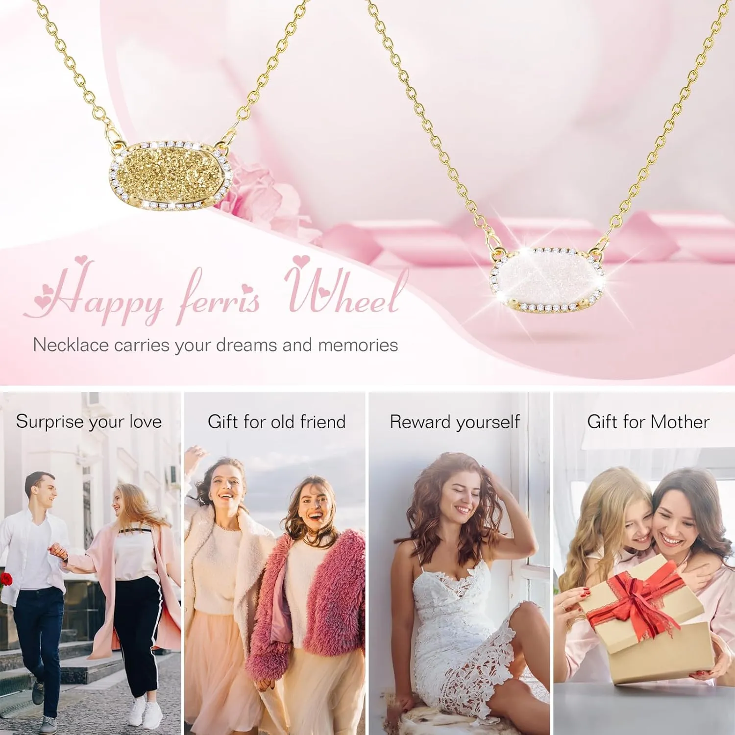 Women's Gold Necklace With Natural Druzy Pendant And Adjustable 14K Gold-Plated Chain Elegant Jewelry for Women