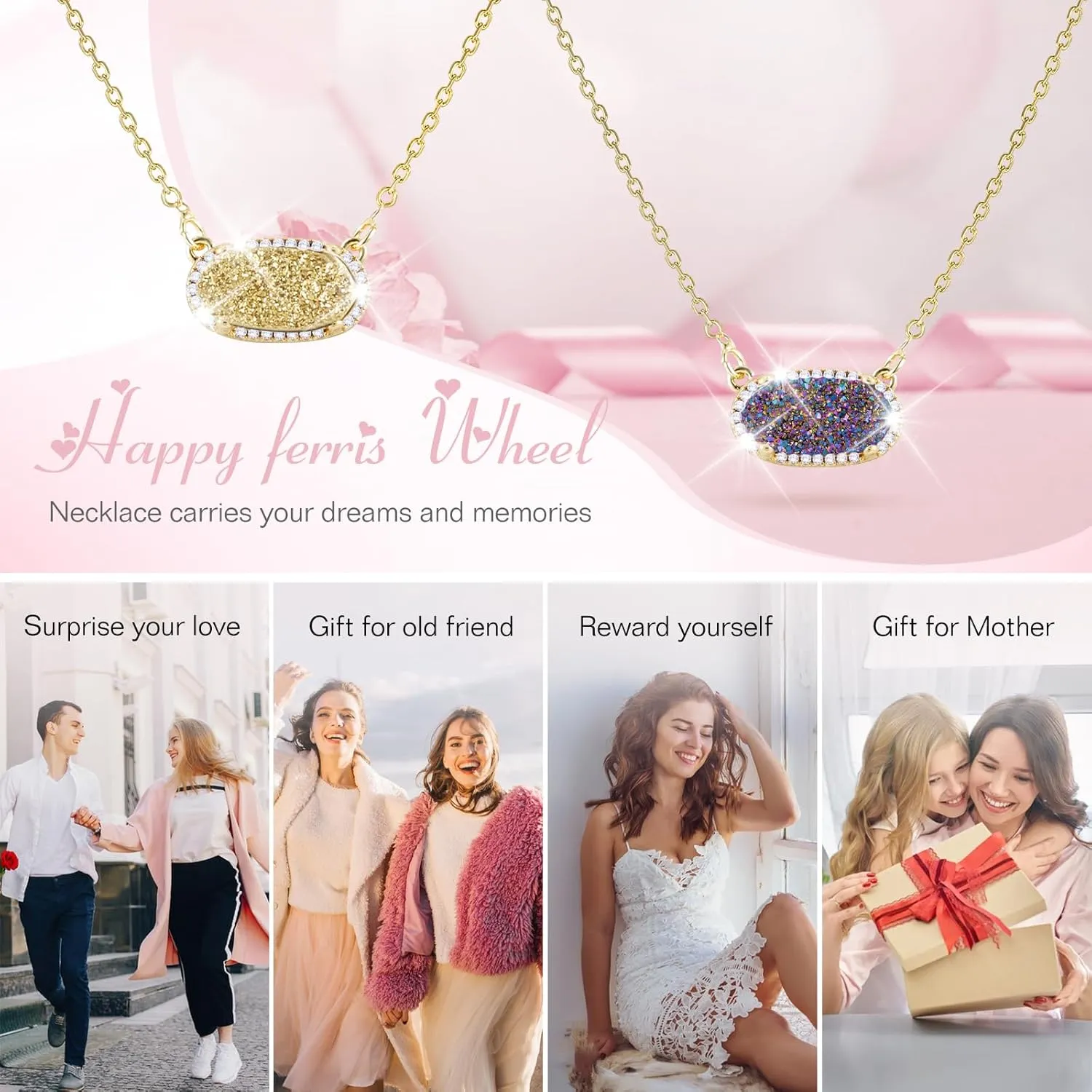 Women's Gold Necklace With Natural Druzy Pendant And Adjustable 14K Gold-Plated Chain Elegant Jewelry for Women