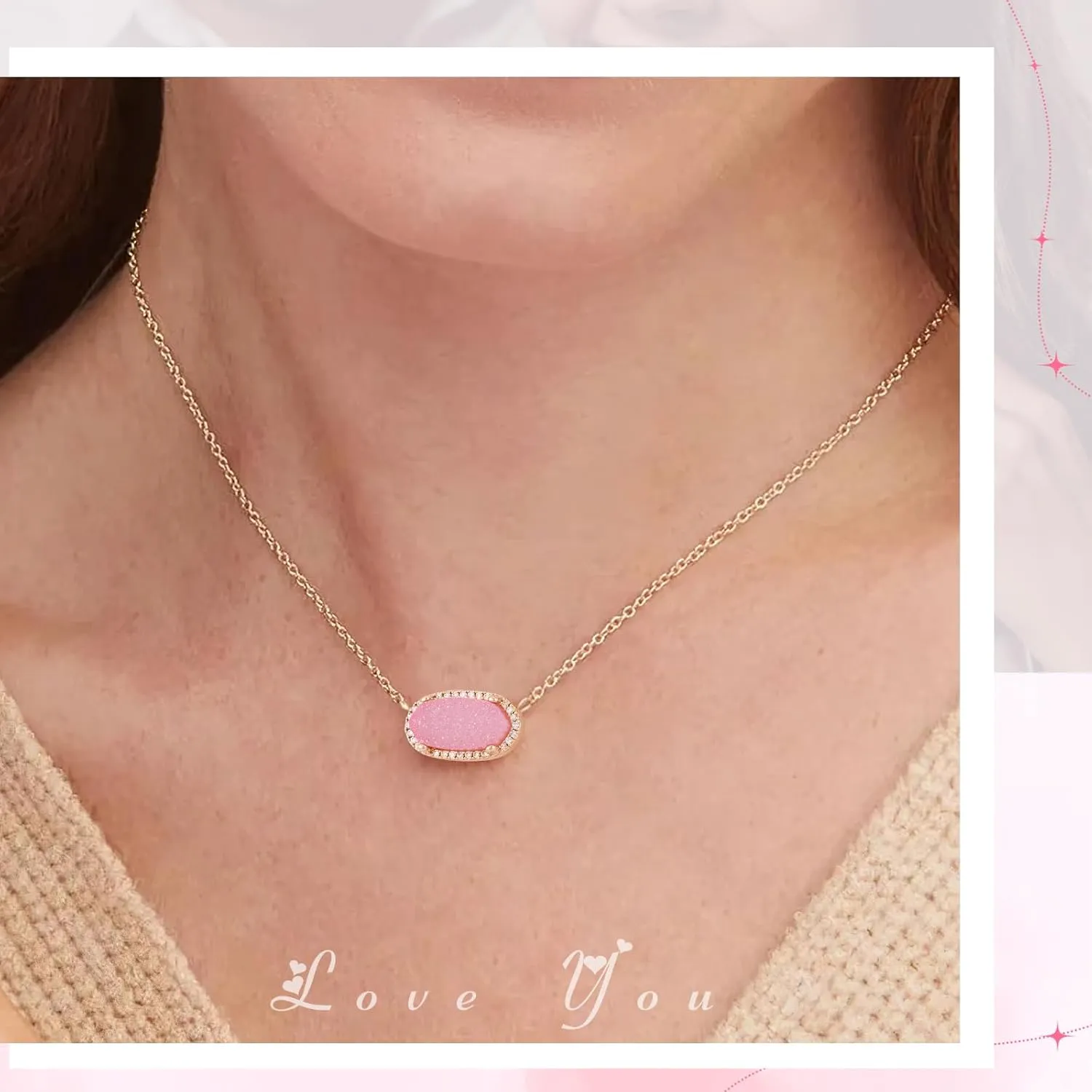 Women's Gold Necklace With Natural Druzy Pendant And Adjustable 14K Gold-Plated Chain Elegant Jewelry for Women