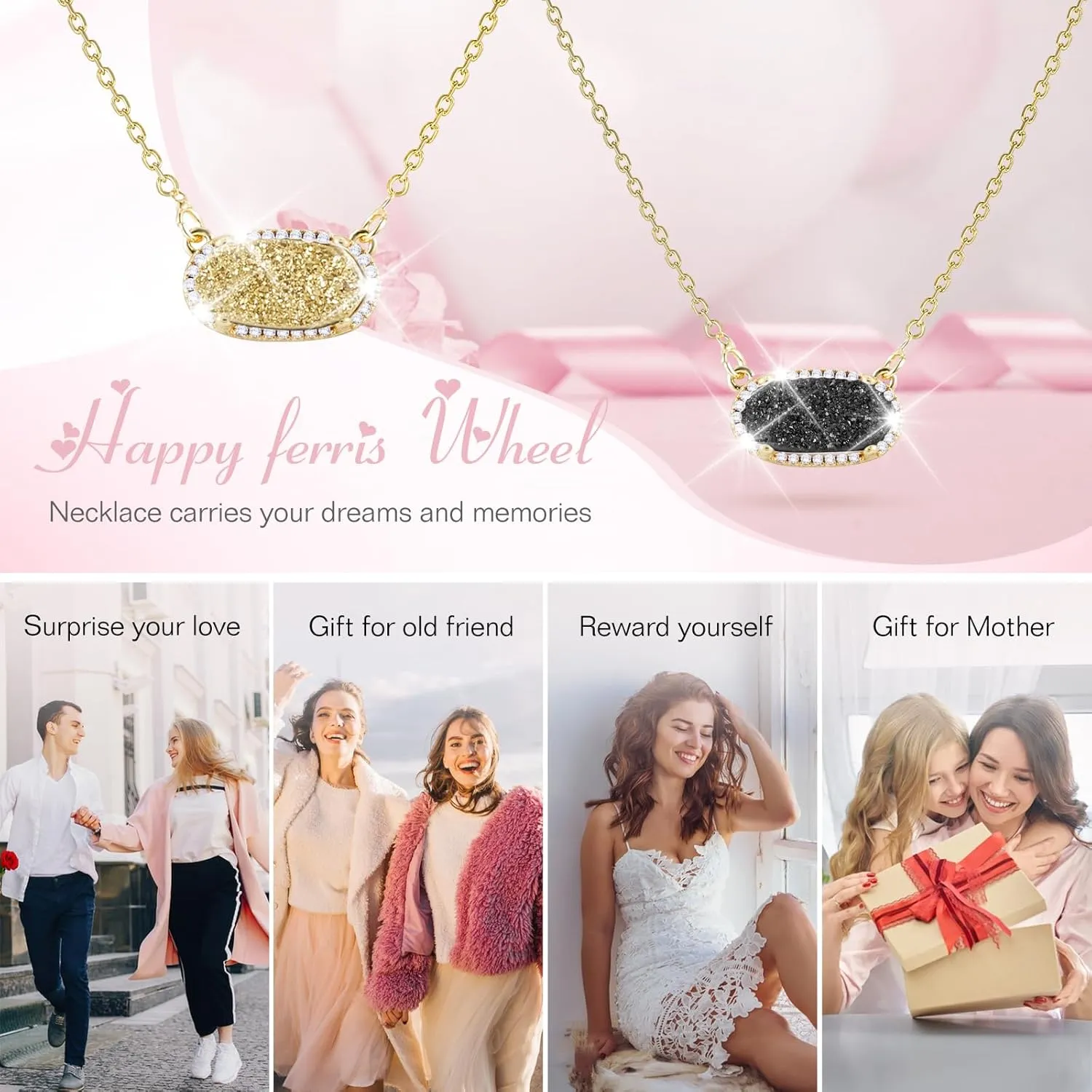 Women's Gold Necklace With Natural Druzy Pendant And Adjustable 14K Gold-Plated Chain Elegant Jewelry for Women