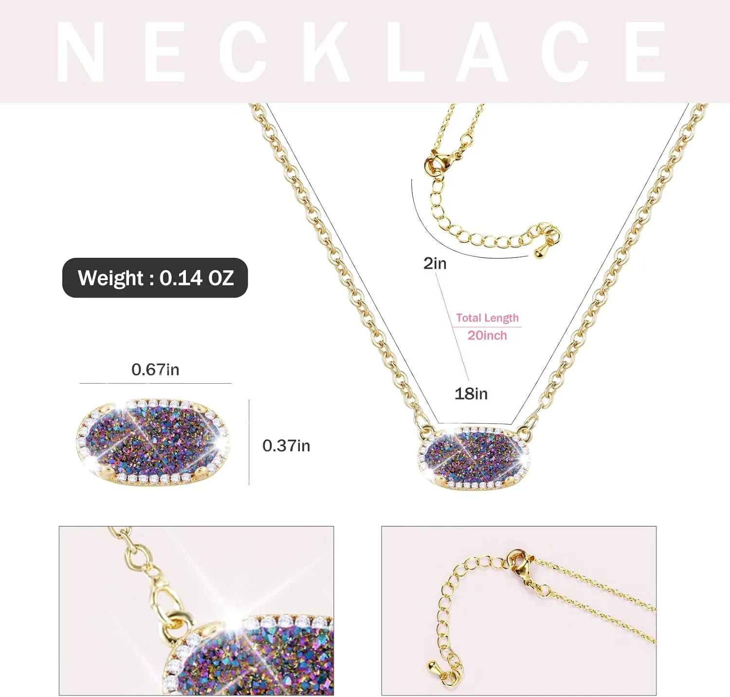 Women's Gold Necklace With Natural Druzy Pendant And Adjustable 14K Gold-Plated Chain Elegant Jewelry for Women