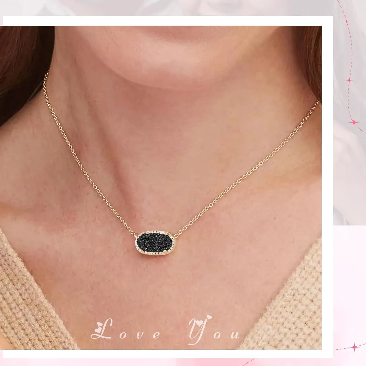 Women's Gold Necklace With Natural Druzy Pendant And Adjustable 14K Gold-Plated Chain Elegant Jewelry for Women