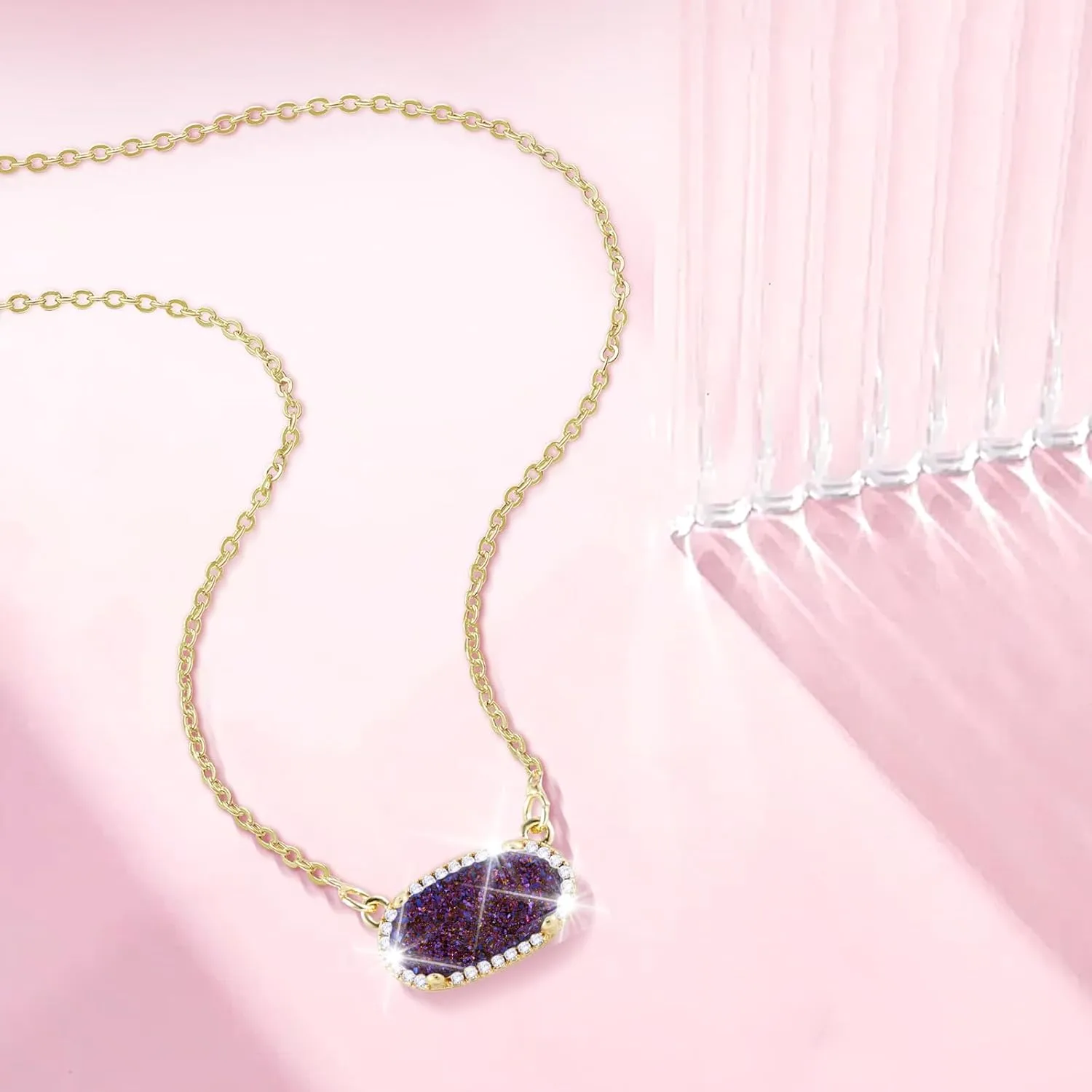 Women's Gold Necklace With Natural Druzy Pendant And Adjustable 14K Gold-Plated Chain Elegant Jewelry for Women