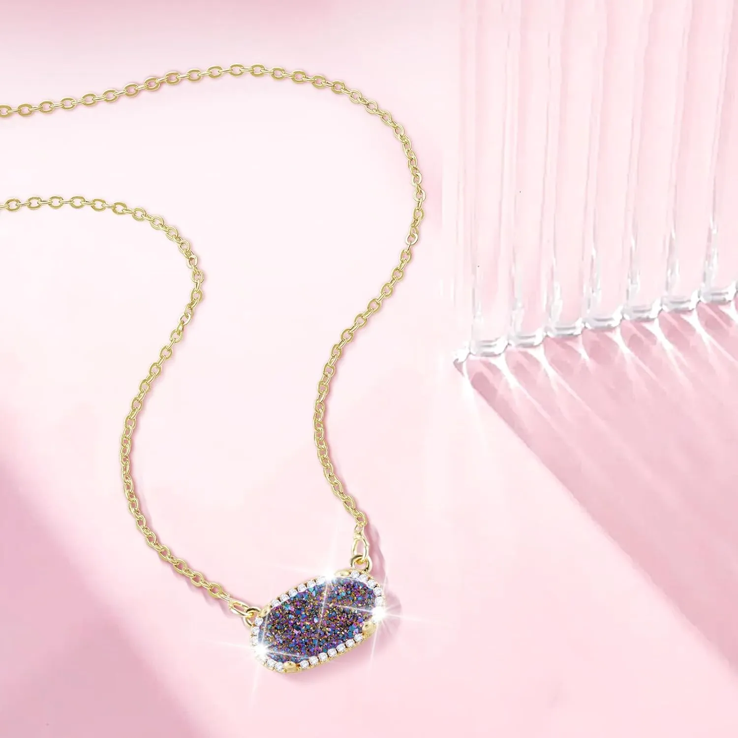 Women's Gold Necklace With Natural Druzy Pendant And Adjustable 14K Gold-Plated Chain Elegant Jewelry for Women