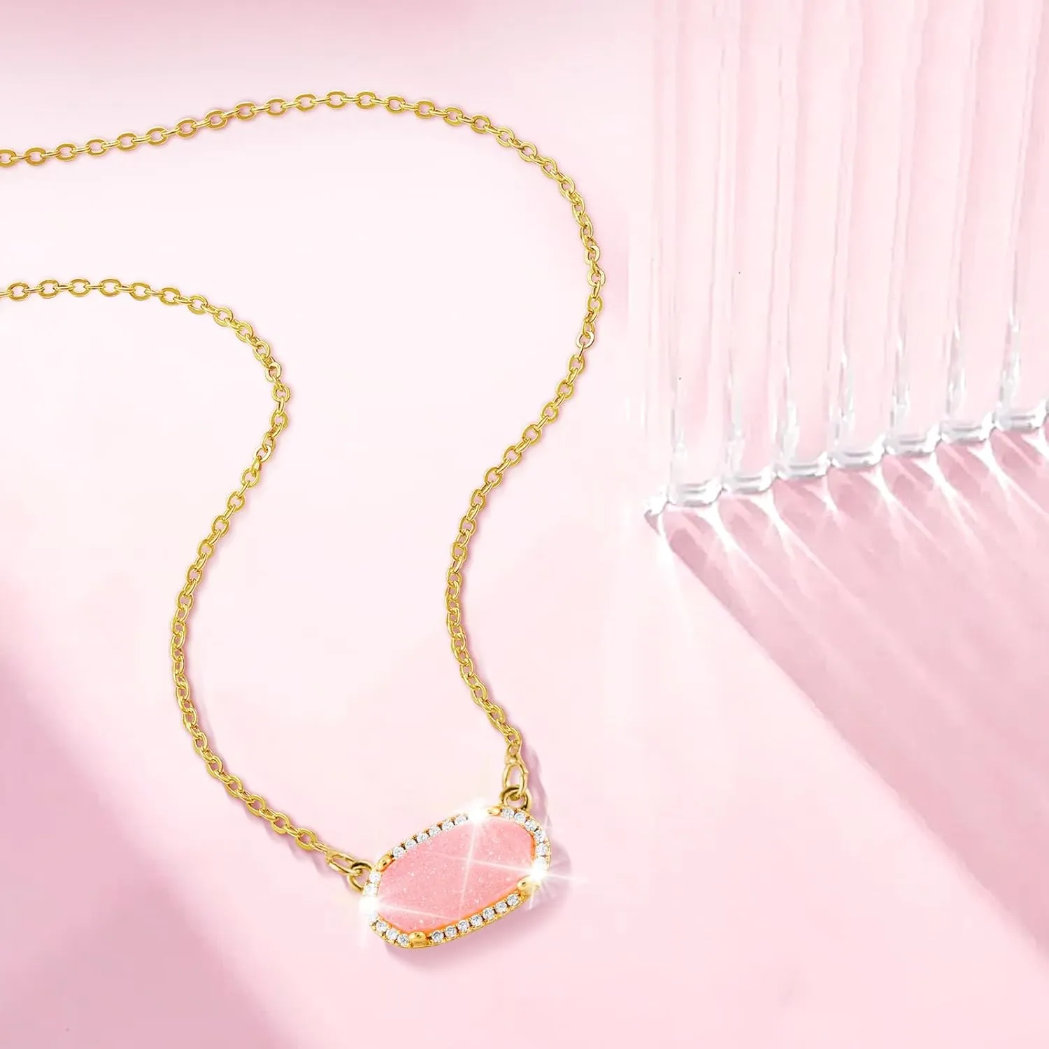Women's Gold Necklace With Natural Druzy Pendant And Adjustable 14K Gold-Plated Chain Elegant Jewelry for Women