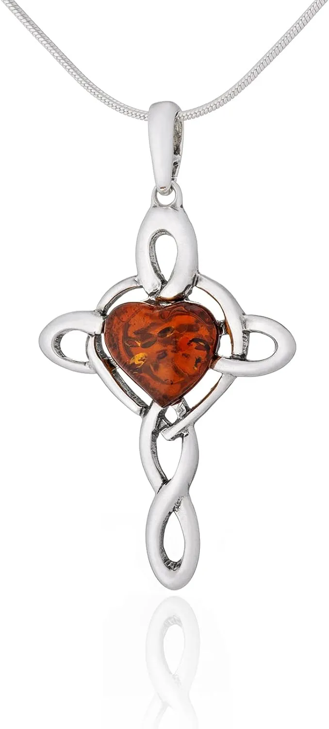 Women's Necklace Cross with Amber Heart, Oxidised Sterling Silver, Baltic Amber in Cognac Colour, Silver Pendant with Chain