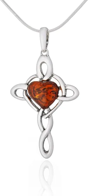 Women's Necklace Cross with Amber Heart, Oxidised Sterling Silver, Baltic Amber in Cognac Colour, Silver Pendant with Chain