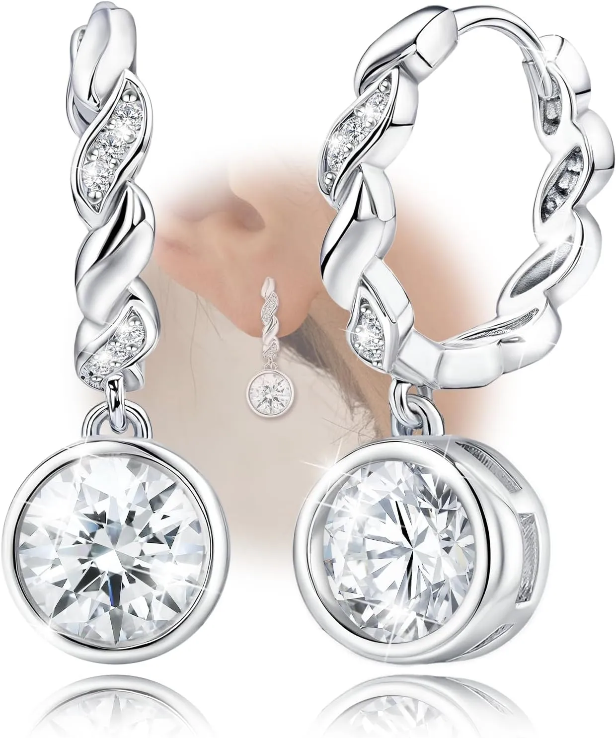 Womens Sterling Sliver Spiral Round Hoop Dangling Earrings Circle-Shaped Hypoallergenic Cubic Zirconia Hoop Earrings with Charms