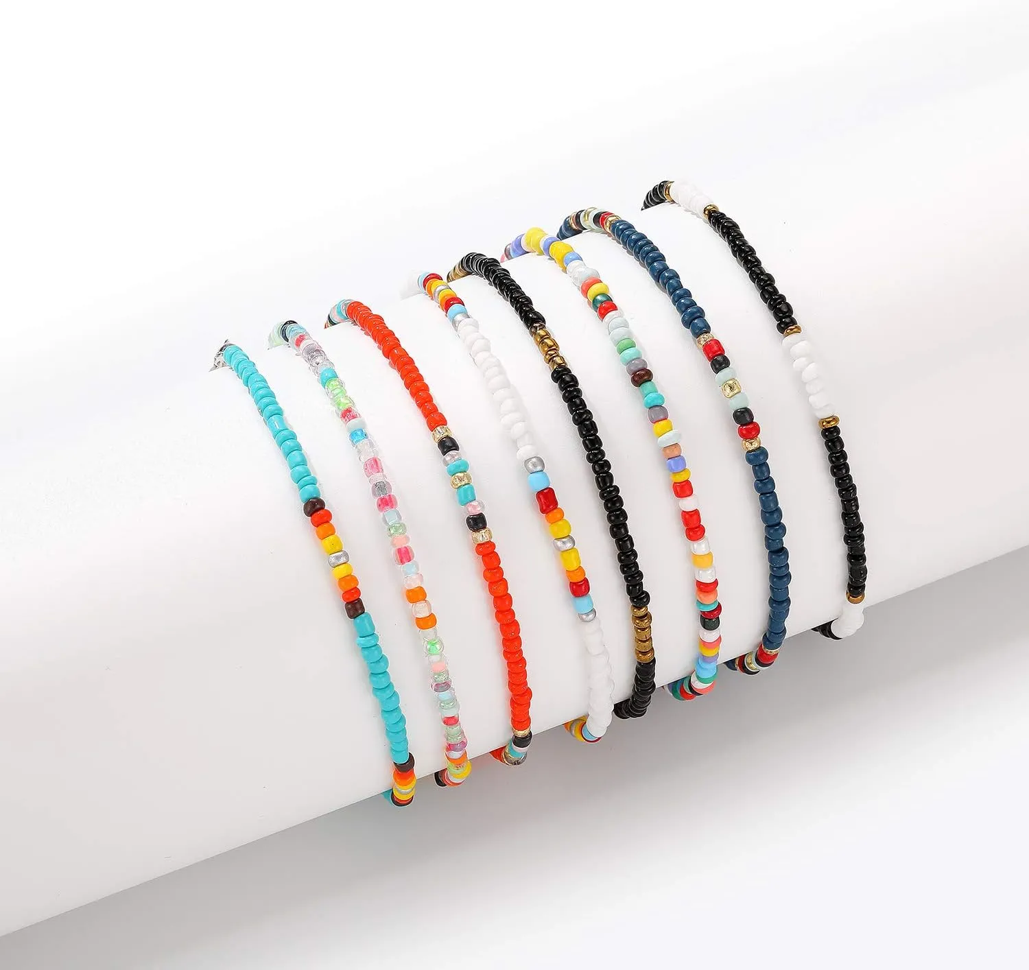 XIJIN 8Pcs Handmade Beaded Anklets for Women Boho Colorful Beads Ankle Bracelets Adjustable Foot Anklet Set
