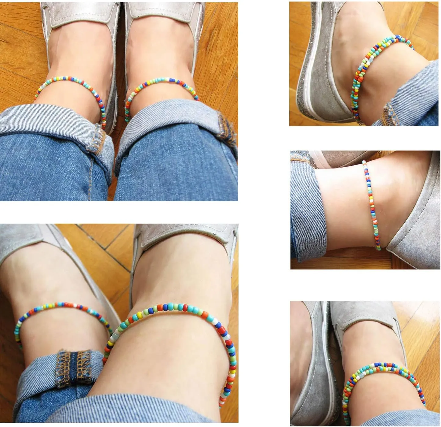 XIJIN 8Pcs Handmade Beaded Anklets for Women Boho Colorful Beads Ankle Bracelets Adjustable Foot Anklet Set