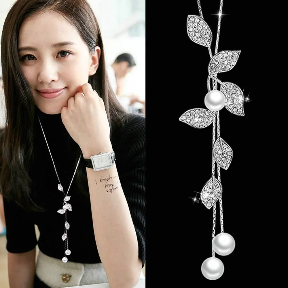 Y-Shaped Necklace Bohemian Crystal Pearl Flower Leaf Dangle Long Necklace Fashion Elegant Tassel Sweater Chain Women Jewelry