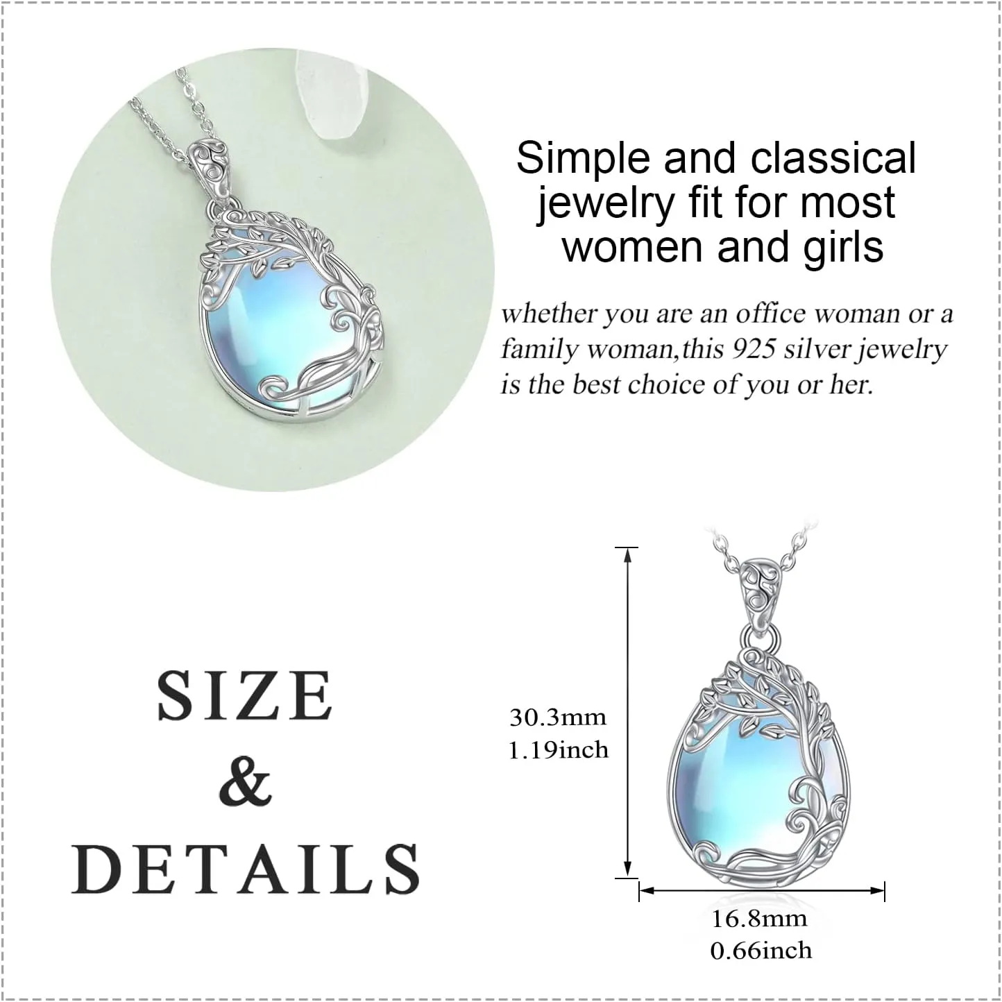 YAFEINI 925 Sterling Silver Moonstone Necklace Filigree Teardrop Pendant Necklace Jewelry for Women Girls