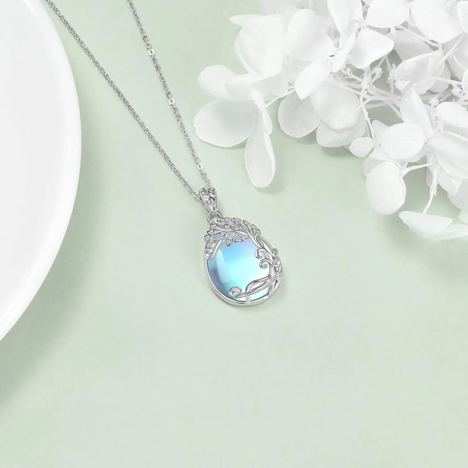 YAFEINI 925 Sterling Silver Moonstone Necklace Filigree Teardrop Pendant Necklace Jewelry for Women Girls