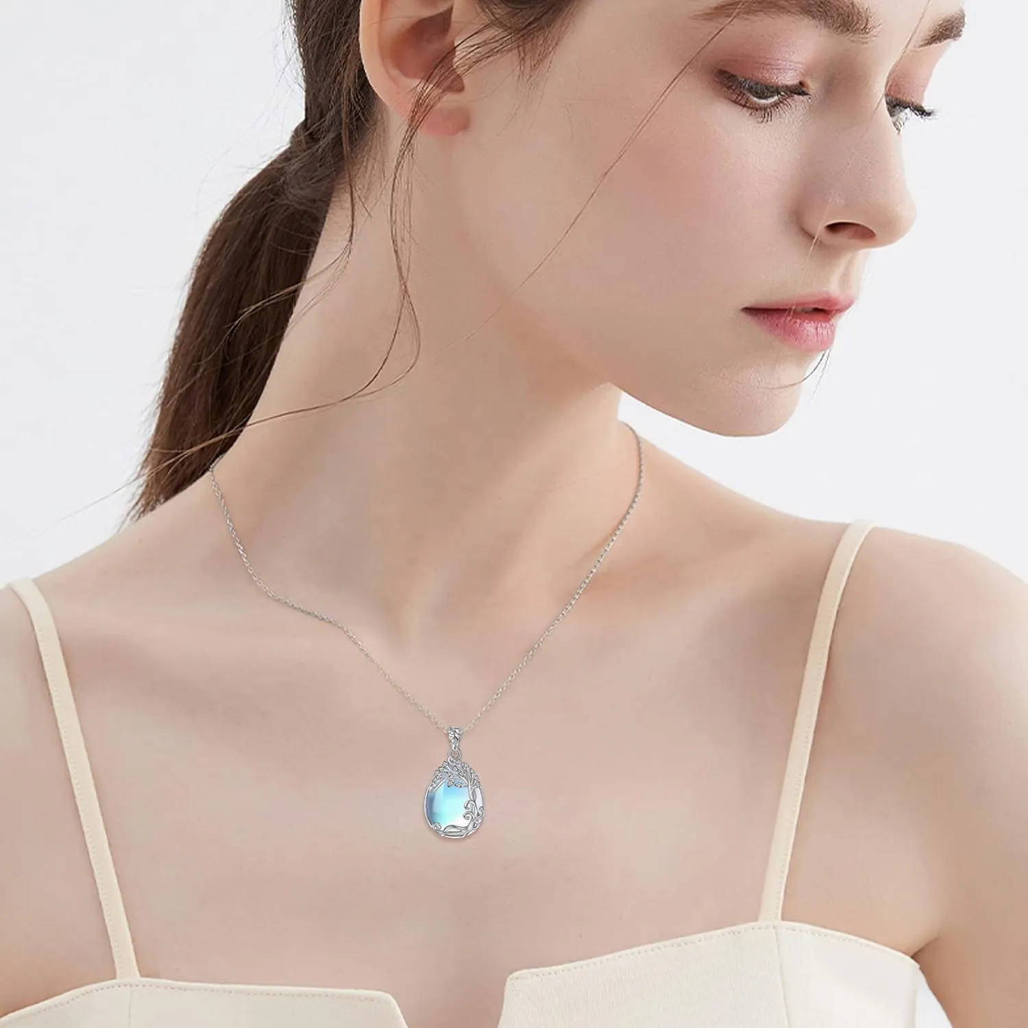 YAFEINI 925 Sterling Silver Moonstone Necklace Filigree Teardrop Pendant Necklace Jewelry for Women Girls