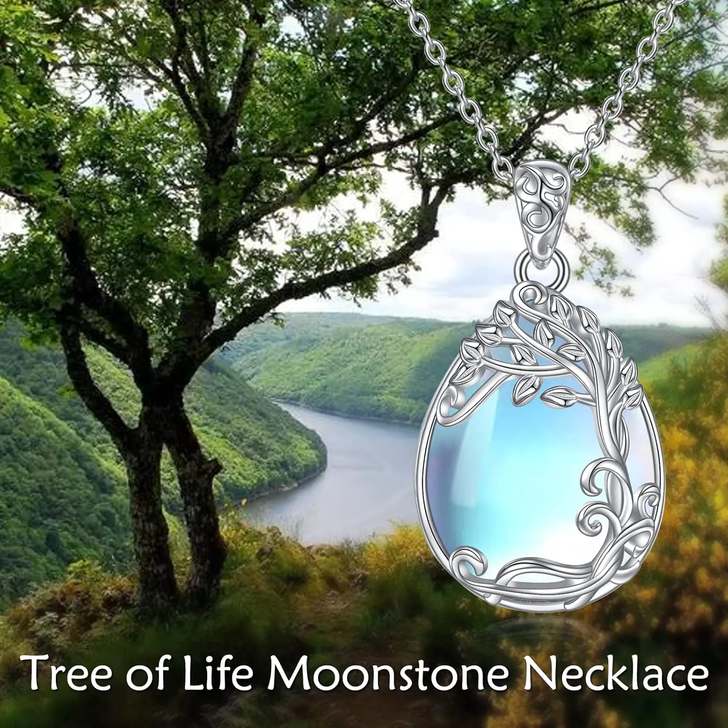 YAFEINI 925 Sterling Silver Moonstone Necklace Filigree Teardrop Pendant Necklace Jewelry for Women Girls