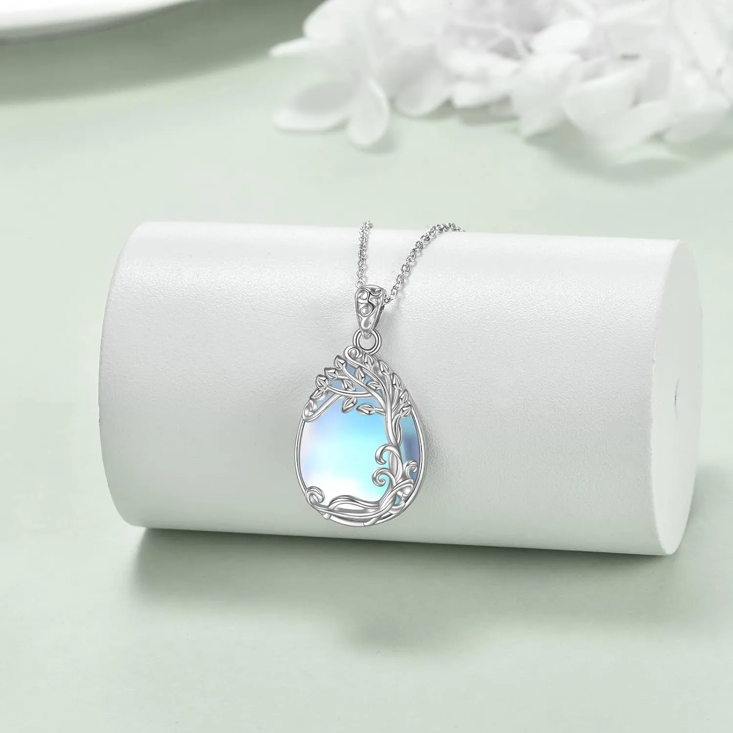 YAFEINI 925 Sterling Silver Moonstone Necklace Filigree Teardrop Pendant Necklace Jewelry for Women Girls