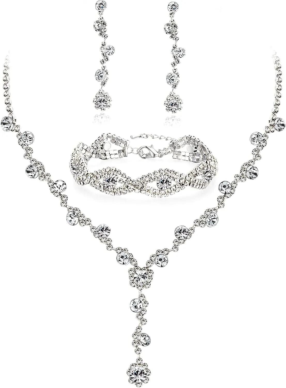 YANODA Rhinestone Bridal Jewelry Sets for Women Crystal Necklace Earrings Bracelet Jewelry Sets for Wedding Bridal Bridesmaid Gifts Evening Party Prom Jewelry Set