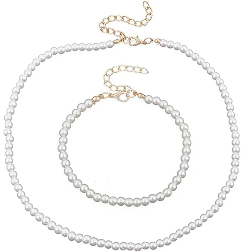 YAZILIND Elegant Imitation Pearl Necklace and Bracelet Set  Classic White Faux Pearl Jewelry for Women(White)