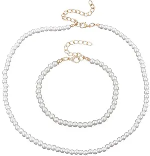 YAZILIND Elegant Imitation Pearl Necklace and Bracelet Set  Classic White Faux Pearl Jewelry for Women(White)