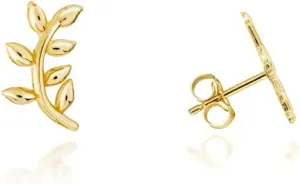 Yellow Gold Stem Leaf Stud Earrings