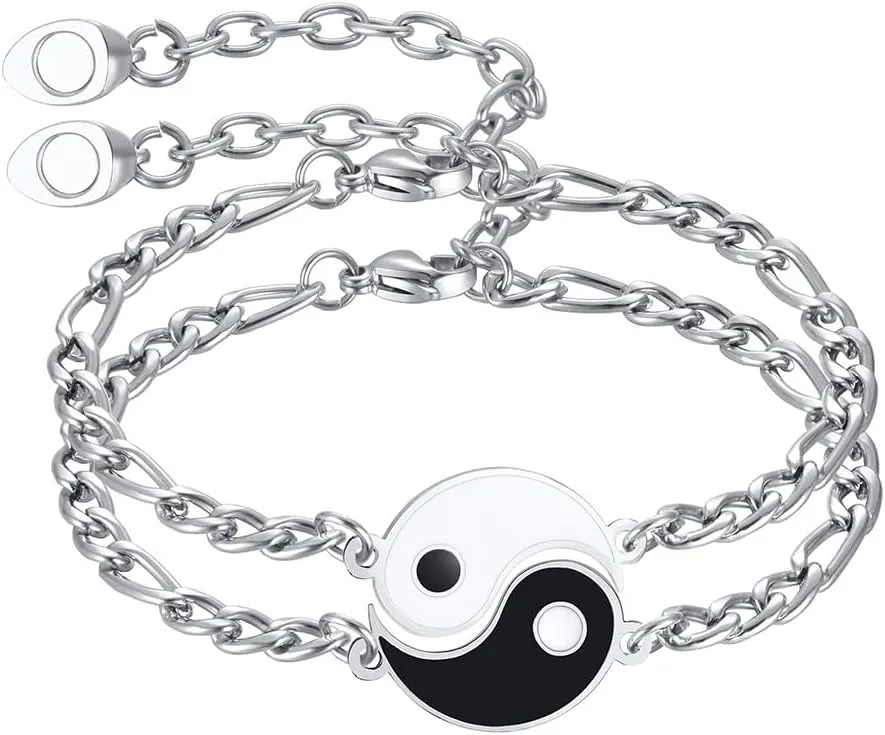 Yin Yang Bracelets for 2 Matching Adjustable Promise Love Heart Engagement Statement Stainless Steel Bracelet Set for Couple Friendship Relationship Boyfriend Girlfriend Valentines Best Friends Gift