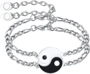 Yin Yang Bracelets for 2 Matching Adjustable Promise Love Heart Engagement Statement Stainless Steel Bracelet Set for Couple Friendship Relationship Boyfriend Girlfriend Valentines Best Friends Gift