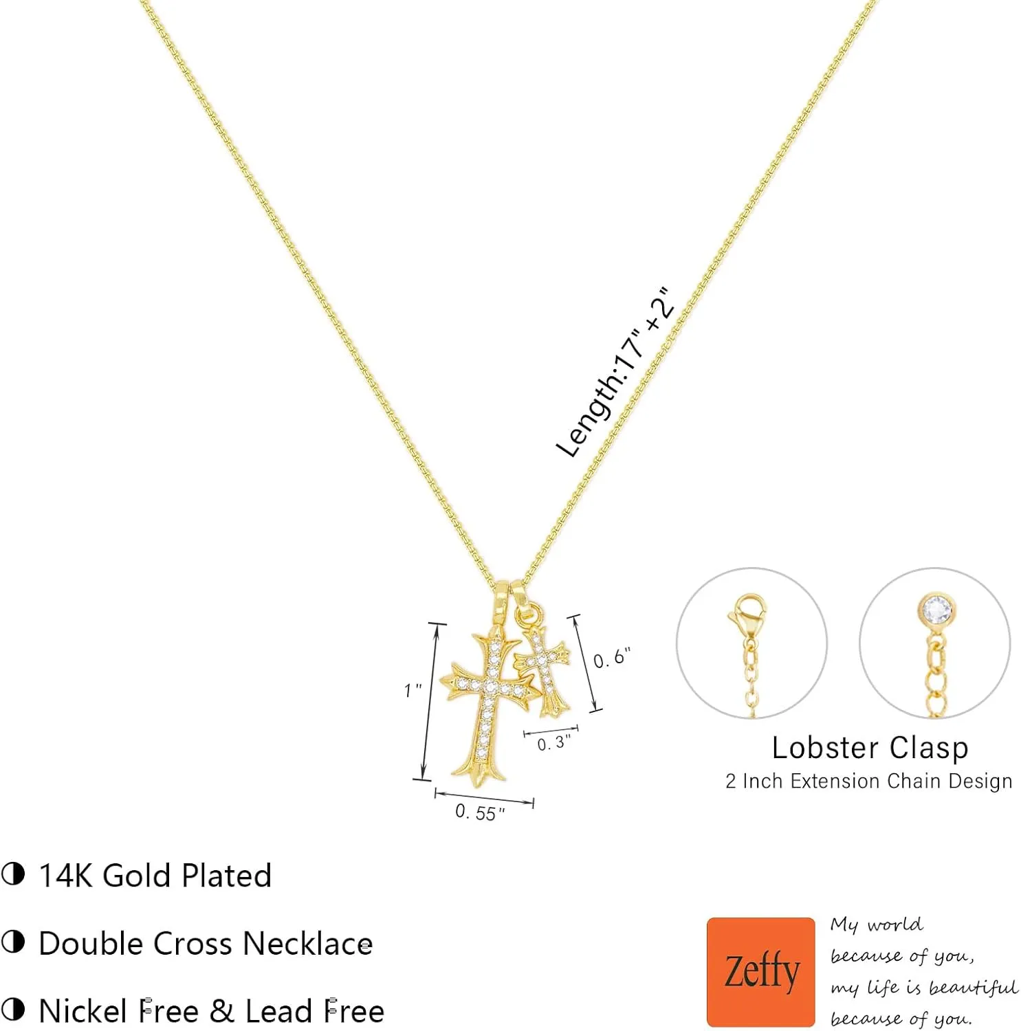 Zeffy Cross Necklace for Women,18K Gold/Silver Plated Tiny Cubic Zirconia Cross Pendant Necklace for Women Simple Layered Cross Necklaces for Women